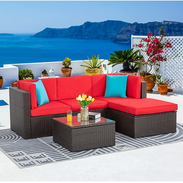 Sobaniilo 5 Pieces Patio Sectional Sofa Sets, All-Weather Outdoor Rattan Conversation Set for Garden Patio Sofa with Ottoman and Glass Table, Red