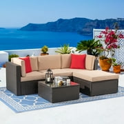 Sobaniilo 5 Pieces Patio Sectional Sofa Sets, All-Weather Outdoor Rattan Sofa with Ottoman and Glass Table, Beige