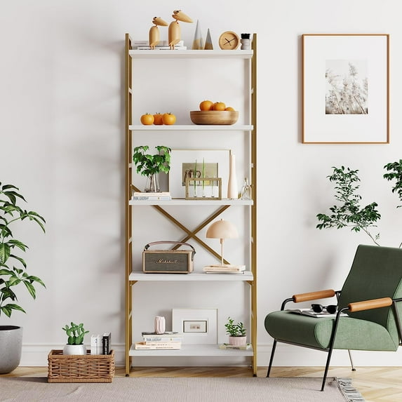 Sobaniilo 5 Tier Bookshelf, Free Standing Bookcase Organizer Farmhouse Kitchen Ladder Shelves Wooden Open Shelves Metal Frame for Living Room, Office(White+Gold)