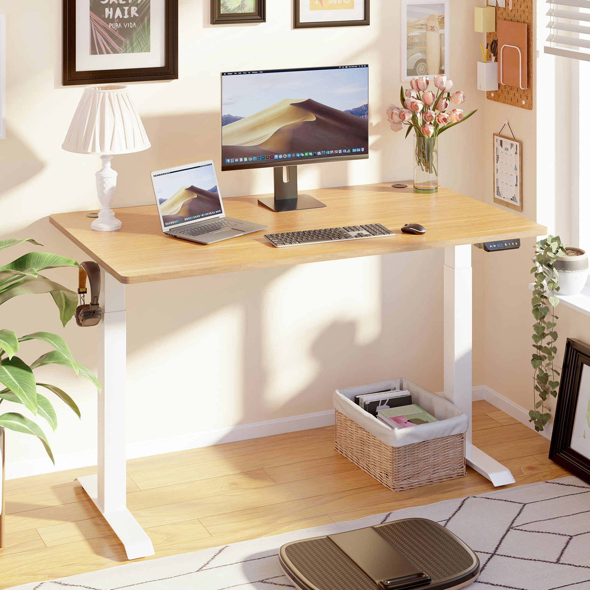 Sobaniilo 55'' x 24'' Electric Height Adjustable Standing Desk, Home Office Sit Stand Desk  Stand Up Computer Workstation (White Frame + Bamboo Top)