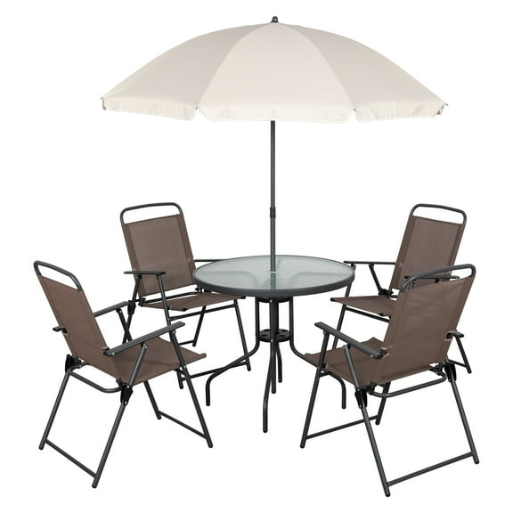 Sobaniilo 6 Piece Folding Outdoor Dining Set with Umbrella, Metal Patio Garden Patio Furniture Table and Chair Set, Brown