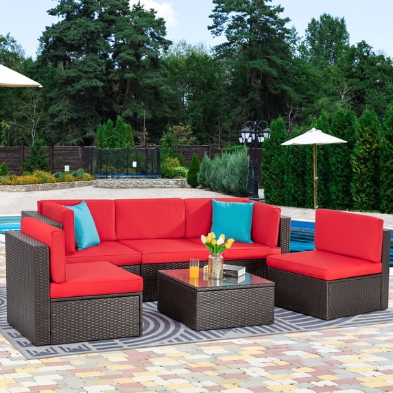 Sobaniilo 6 Pieces Patio Furniture Sets, All Weather PE Wicker Outdoor Conversation Set with Glass Table (Red)