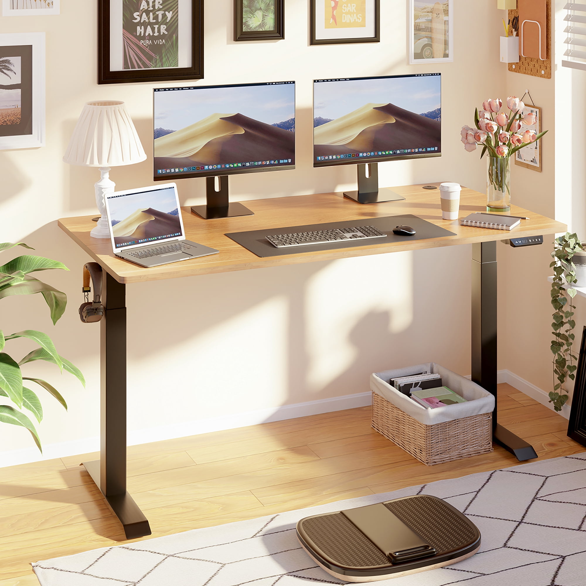 Sobaniilo 63'' x 24'' Electric Height Adjustable Standing Desk, Sit Stand Home Office Stand Up Desk(Black Frame + Bamboo Top)