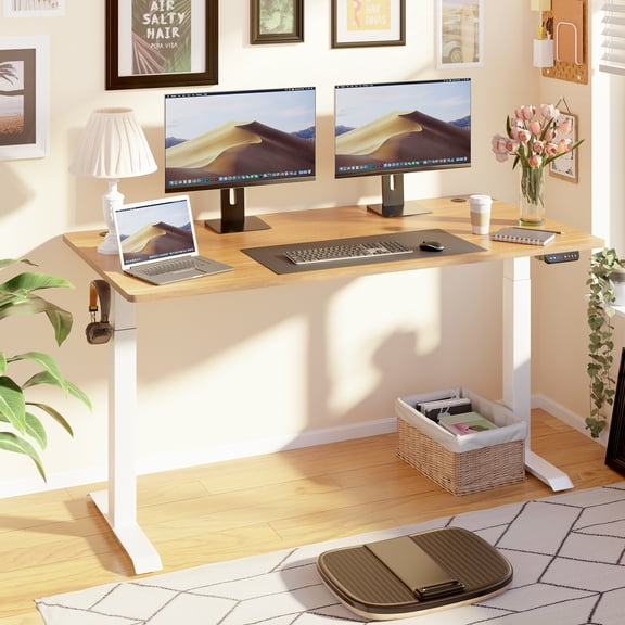 Sobaniilo 63'' x 24'' Electric Height Adjustable Standing Desk, Sit Stand Home Office Stand Up Desk (White Frame + Bamboo Top)