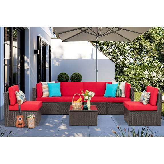 Sobaniilo 7 Piece Patio Furniture Sets, All Weather PE Wicker Outdoor Conversation Sectional Sofa Set with Cushion and Pillow (Red)
