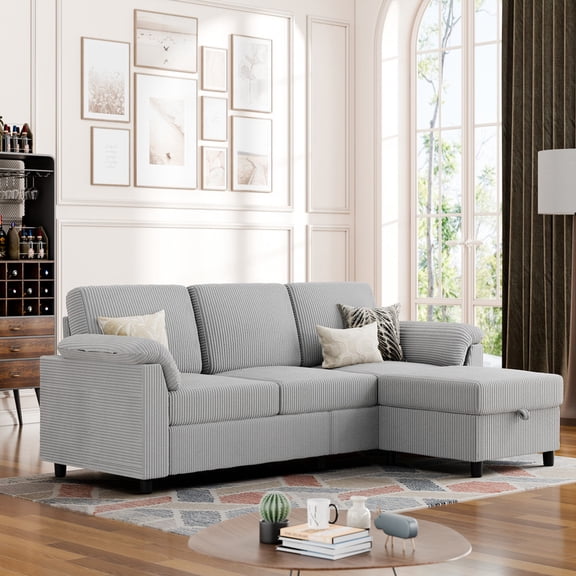 Sobaniilo 79" Convertible Sectional Sofa Couch, Linen Fabric L Shaped Couch with Reversible Ottoman, 3-Seat Small Sectional Sofa Couches for Living Room, Apartment, Small Space, Light Gray