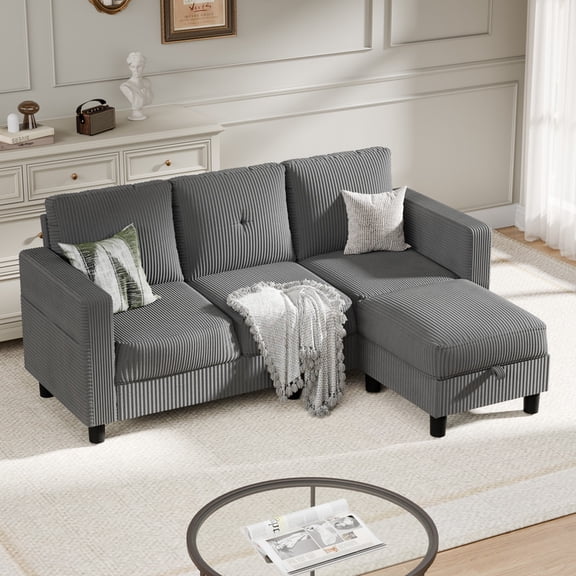 Convertible Sectional Sofa Couch, Modern Linen Fabric L-Shaped 3-Seat Sofa Sectional with Reversible Chaise for Small Space (Dark Gray)