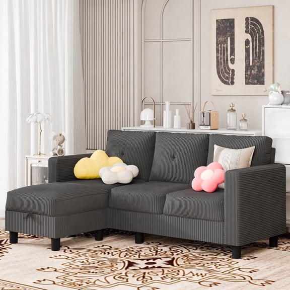 Convertible Sectional Sofa Couch, Modern Linen Fabric L-Shaped 3-Seat Sofa Sectional with Reversible Chaise for Small Space (Dark Gray)