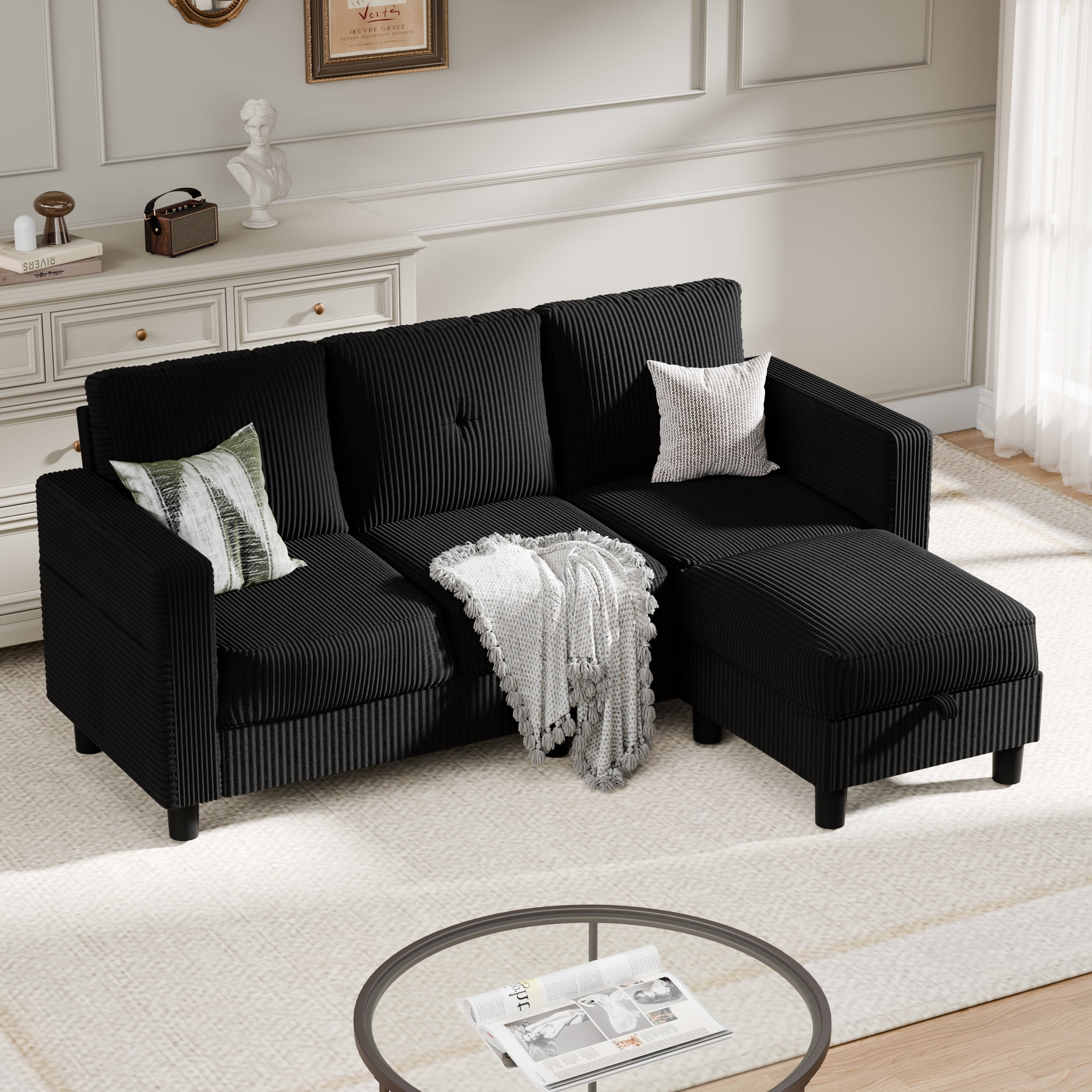 Sobaniilo Convertible Sectional Sofa Couch, Modern Linen Fabric L-Shaped 3-Seat Sofa Sectional with Reversible Chaise for Small Space (Black)