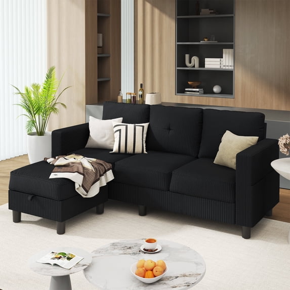 Sobaniilo Convertible Sectional Sofa Couch, Modern Linen Fabric L-Shaped 3-Seat Sofa Sectional with Reversible Chaise for Small Space (Black)