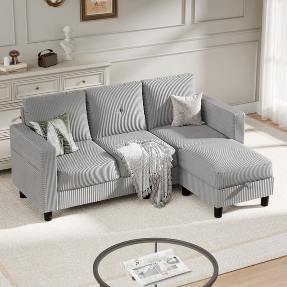 Sobaniilo Convertible Sectional Sofa Couch,Modern Linen Fabric L-Shaped 3-Seat Sofa Sectional with Reversible Chaise for Small Space (Light Gray)