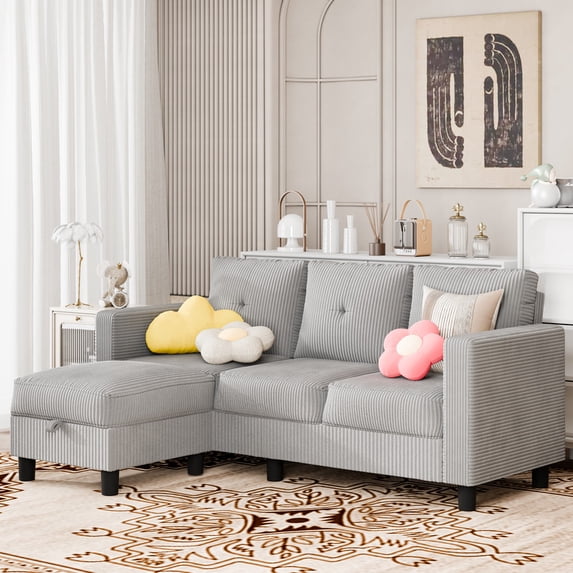 Sobaniilo convertible sectional sofa couch, modern linen fabric L-shaped 3-seat with reversible chaise, light gray