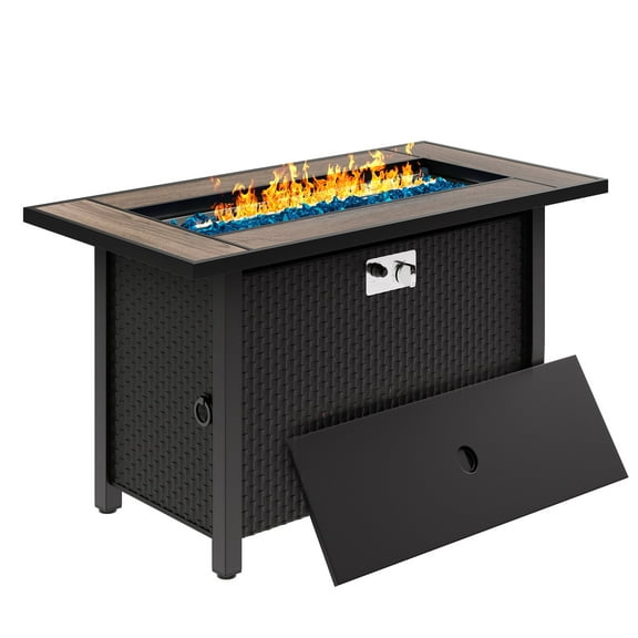 Sobaniilo Fire Table 45in Propane Fire Pit with Rain Cover and Lava Rock, Outdoor Firepit Table 50000 BTU 3-in-1 Fire Table for Patio/Yard/Balcony, Rectangular, Walnut Tabletop