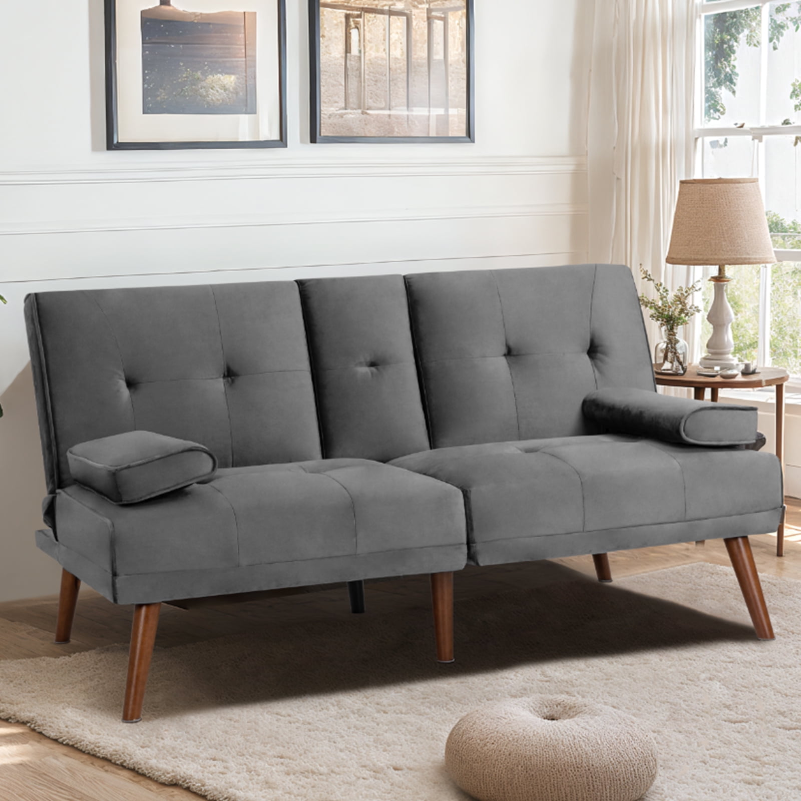 Sobaniilo Sofa Bed Velvet Couch, Loveseat Sofa Bed with Removable Armrests, Adjustable Reliner Guest Bed Daybed for Small Space, Cup 3 Angles, Gray - Walmart.com