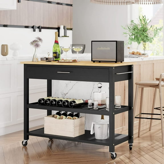 Sobaniilo Kitchen Island Cart with Storage,Rolling Kitchen Island Side Table on Wheels with Large Worktop,Storage Cabinet,Towel Rack,Drawers and Open Shelves for Kitchen,Dinning Room,Black