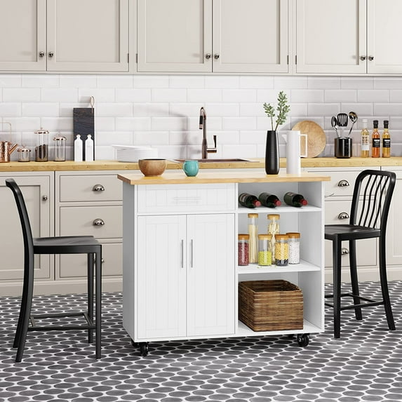 Sobaniilo Kitchen Island Cart with Storage,Rolling Kitchen Island Side Table on Wheels with Large Worktop,Storage Cabinet,Towel Rack and Drawers for Kitchen,Dinning Room,White