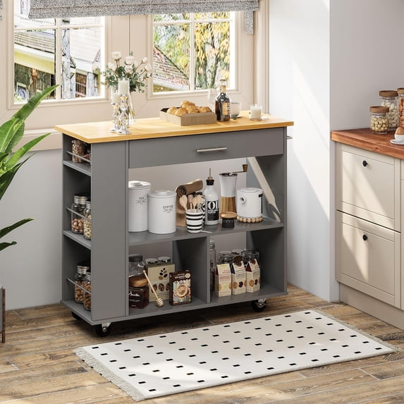 Sobaniilo Kitchen Island on Wheels with Large Work Countertop, Storage Island & Cart with 3-Tier Spice Rack, 3 Open Shelves and 1 Drawer, Grey