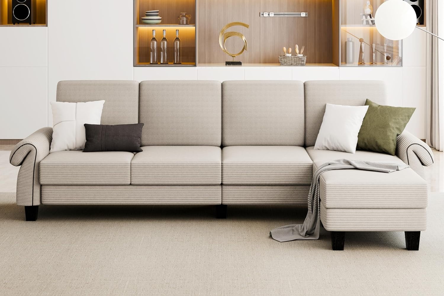 Sobaniilo Modular Sectional Sofa Couch with Removable Ottoman, 110inch LShaped Corduroy Fabric