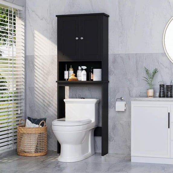 Sobaniilo Over The Toilet Storage Cabinet, Bathroom Storage Organizer Over Toilet, Space Saver W/Adjustable Shelf & Open Storage Shelf, Black