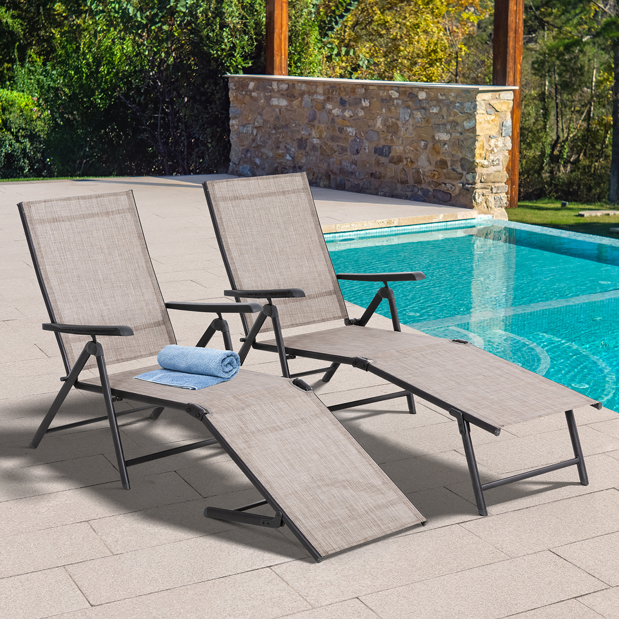 Sobaniilo Patio Chaise Lounge Chairs Set of 2, Outdoor Adjustable Steel Textiline Folding Reclining Chairs, Brown - image 1 of 7