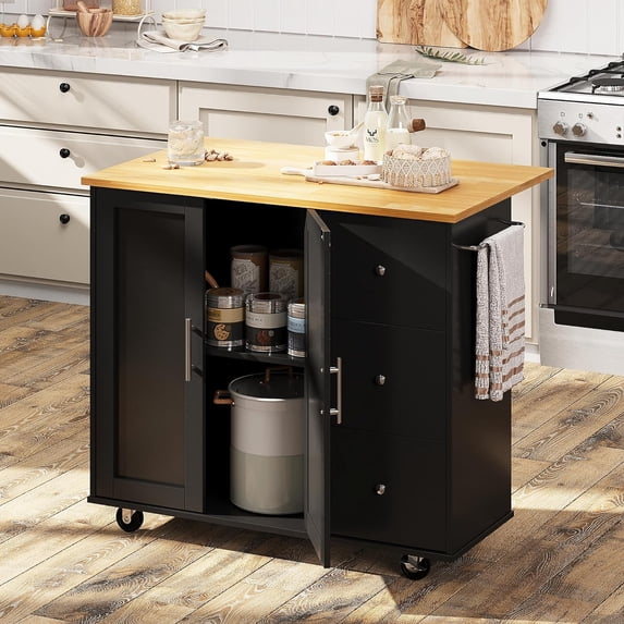 Sobaniilo Rolling Kitchen Island Cart with Folding Drop Leaf Breakfast Bar, Portable Trolley Island with Large Storage Cabinet, Shelf and Drawer, Black