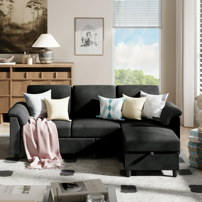 Sobaniilo Sectional Sofa with Movable Storage Ottoman L Shaped Convertible Sofa Couch for Small Living Room Black