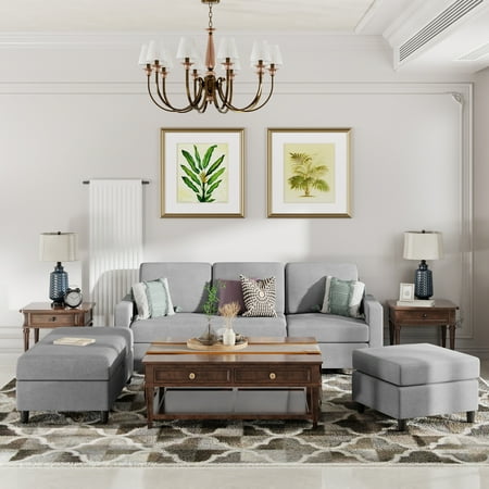 Sobaniilo Soft Couches Set, Convertible Sectional Sofa with Storage Ottoman, Fabric Couches Set for Living Room, Light Grey