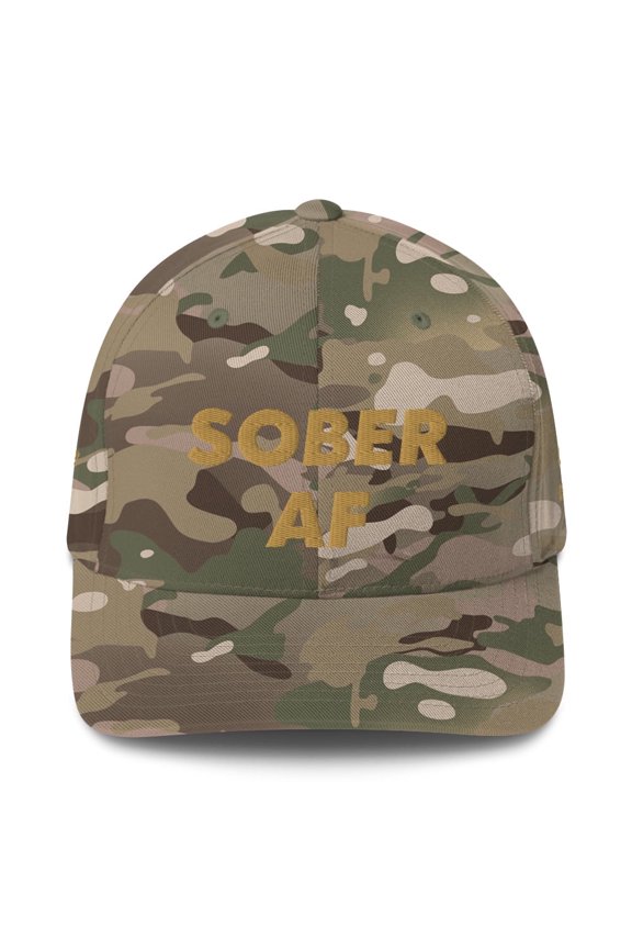 Sober AF Gold font 4-sided print AA slogans sayings One Day at a Time No Matter What Flexfit Cap Recovery Hat (Multicam Green, S/M)