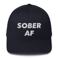 thumbnail image 1 of Sober AF White font 4-sided print AA slogans sayings One Day at a Time No Matter What Flexfit Cap Recovery Hat (Dark Navy, S/M), 1 of 4
