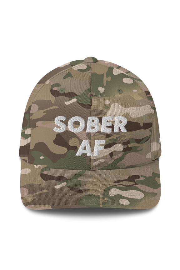 Sober AF White font 4-sided print AA slogans sayings One Day at a Time No Matter What Flexfit Cap Recovery Hat (Multicam Green, S/M)