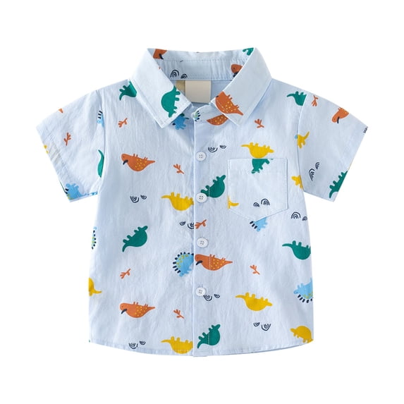 Sobgg25 Little & Big Boys Short Sleeve Button Down Shirt Cartoon Dinosaur Pattern With Pockets For 2 To 8 Years Old Size 4-5 Years