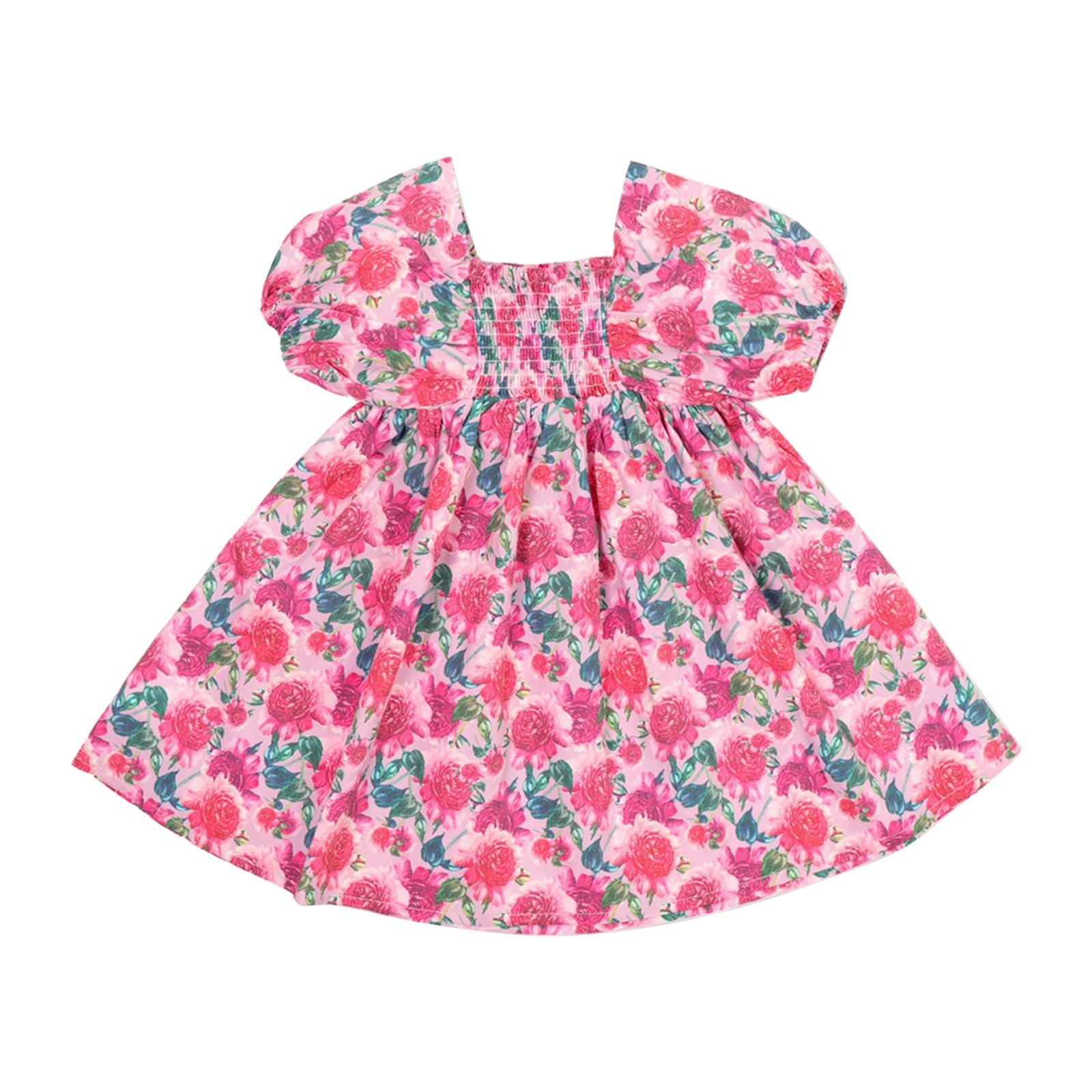 Sobgg25 Puff Sleeve Dress For Girls Summer Dress Floral Print Lace Light Girl Dress Sundress Of