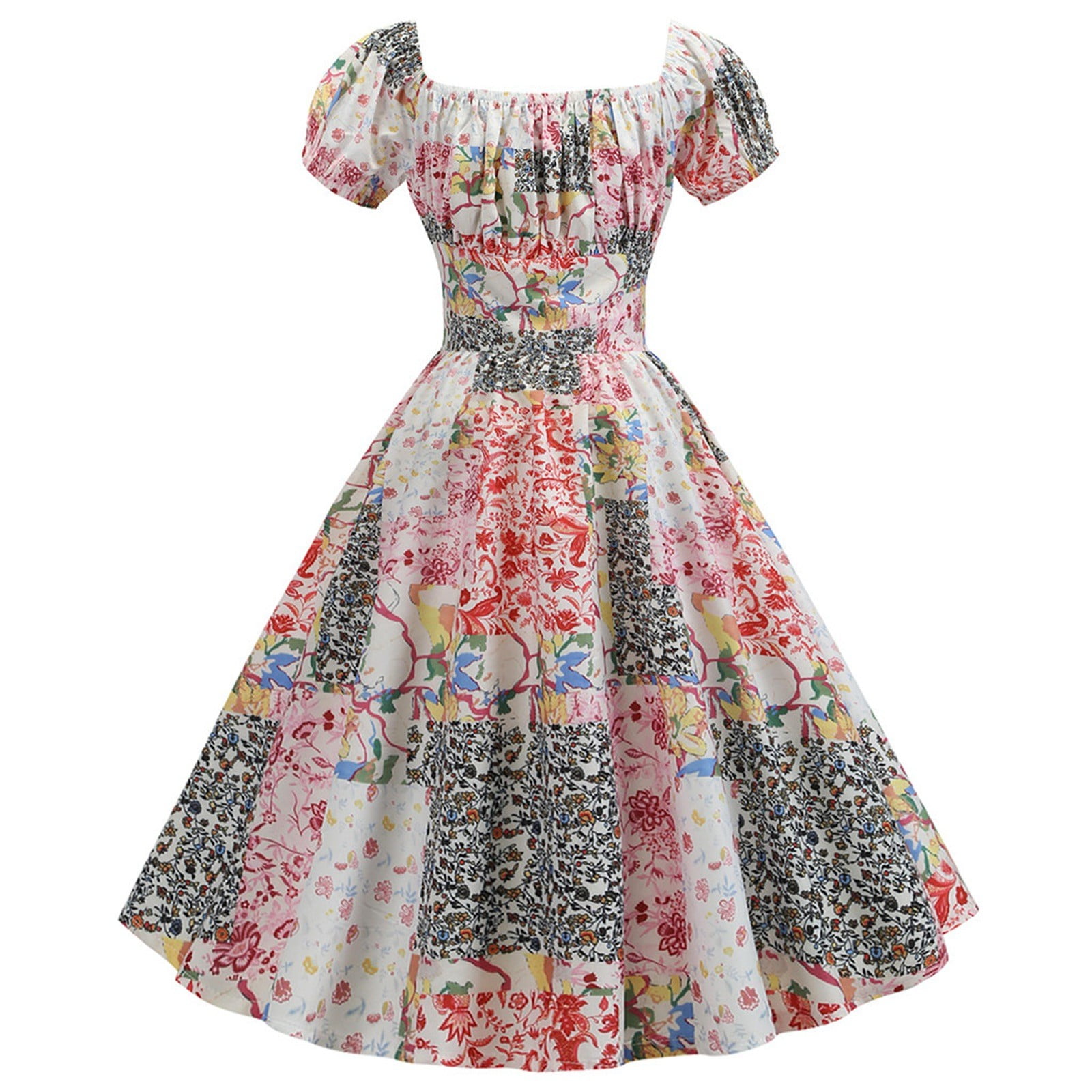 Sobgg25 Women Vintage 1950s Retro Short Sleeve Print Evening Party Gown ...