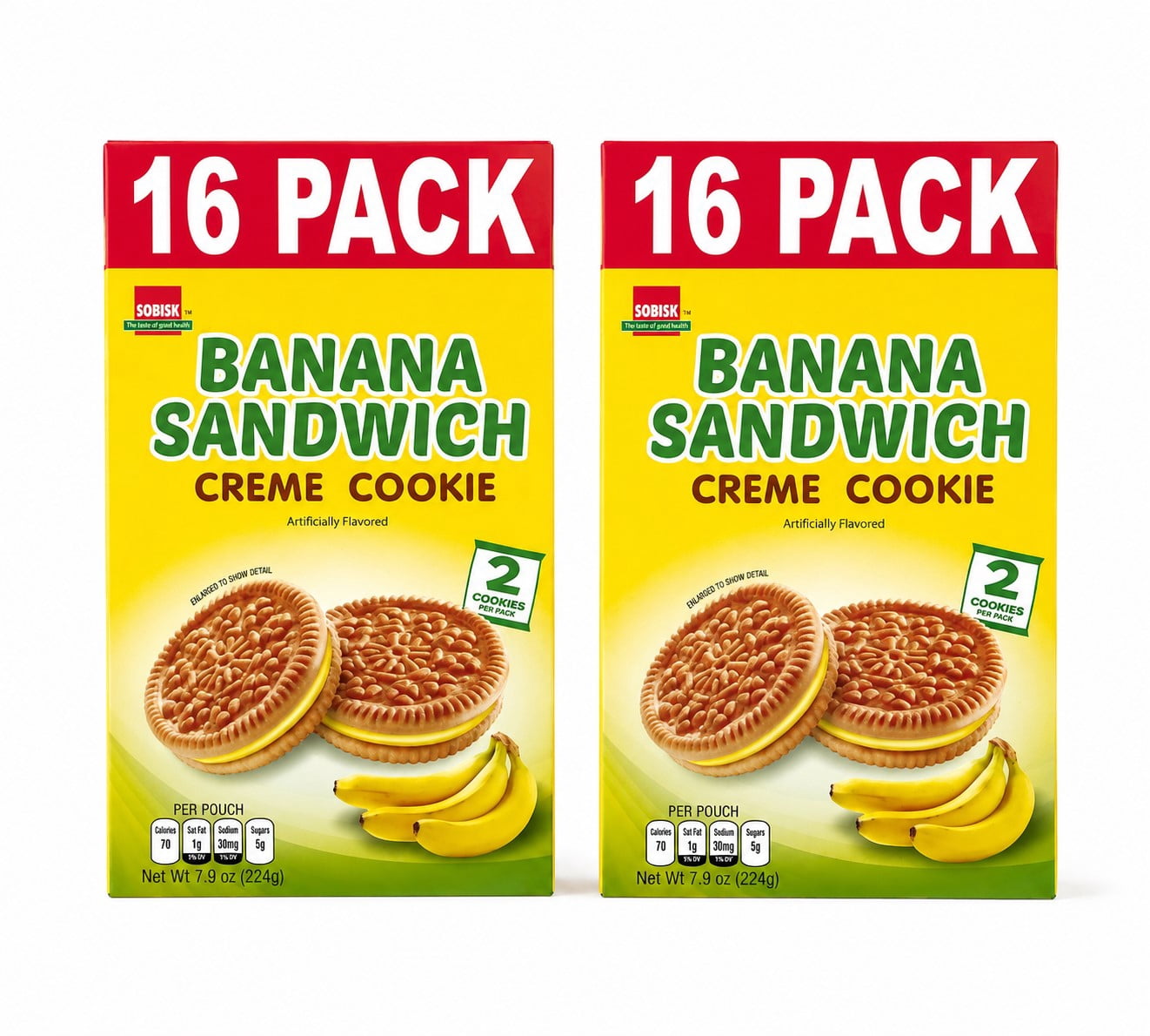 Sobisk Banana Sandwich Creme Cookies, 16 Snack Packs, 2 Cookies Per Pack, Artificially Flavored, 7.9 oz (Pack of 2)