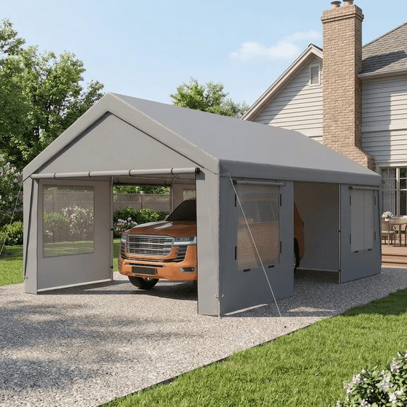 Sobremesa 13' x 20' Carport,Heavy Duty Portable Car port with Side Doors and Roll-Up Windows,All-Season Tarp for Cars,Trucks,Boats,Outer Gray and Inner White