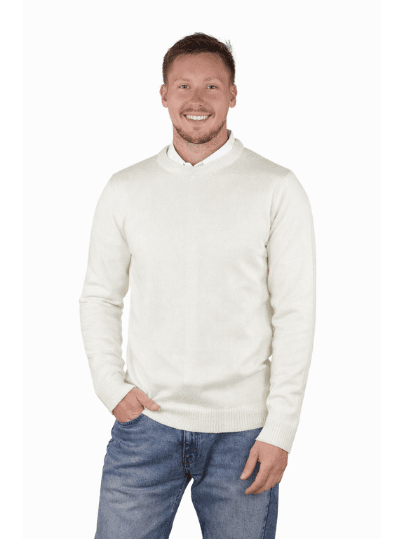 Men's Sweater Crew Neck Long Sleeve Acrylic Pullover White, L