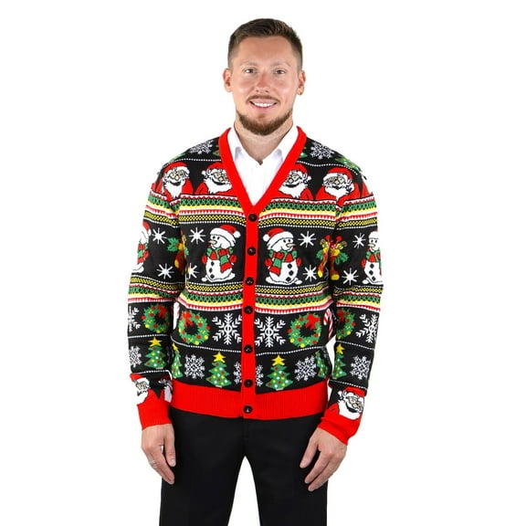 Socal Look Men's Ugly Christmas Sweater, Long Sleeve V-Neck Acrylic Holiday Cardigan, L