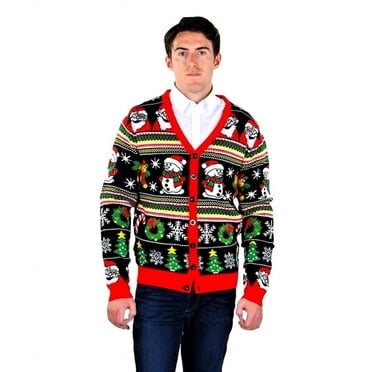 Socal Look Men's Ugly Christmas Sweater, Long Sleeve V-Neck Acrylic Holiday Cardigan, L