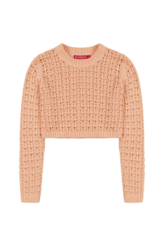 Women's Cotton Crochet Sweater Long Sleeve Summer Casual Pullover Peach, 2X-Large