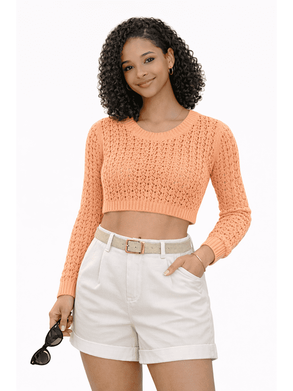 Women's Cotton Crochet Sweater Long Sleeve Summer Casual Pullover Peach, Large