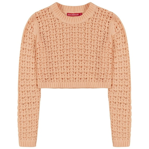Socal Look Women's Cotton Crochet Sweater Long Sleeve Summer Casual Pullover Peach, Small