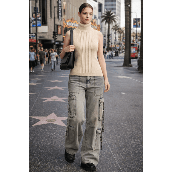 Socal Look Women's Sleeveless Turtleneck Sweater Top in Stretchable Viscose Birch, M