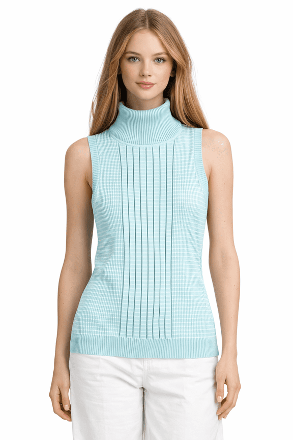 Women's Sleeveless Turtleneck Sweater Top in Stretchable Viscose Blend Aqua Sky, L