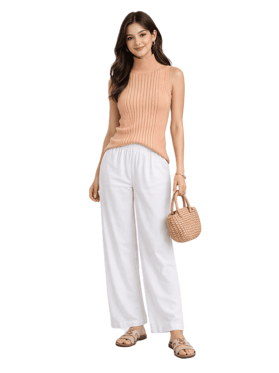 Women's Sleeveless Turtleneck Sweater Top in Stretchable Viscose Blend Peach, XL