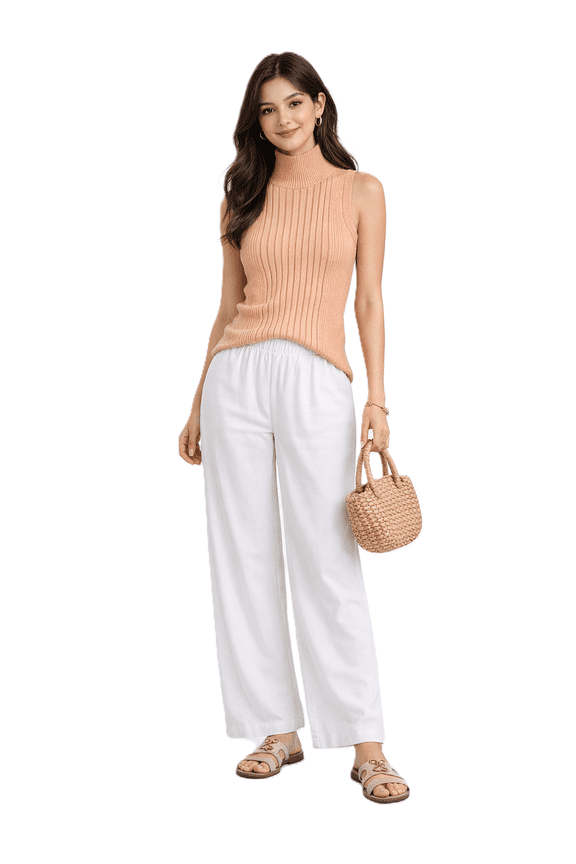Women's Sleeveless Turtleneck Sweater Top in Stretchable Viscose Blend Peach, XS