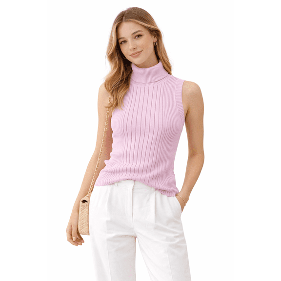 Socal Look Women's Sleeveless Turtleneck Sweater Top in Stretchable Viscose Blend Primrose Pink, L