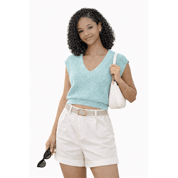 Socal Look Women's Sleeveless V-Neck Sweater Top in Stretchable Viscose Blend Aqua Sky, L