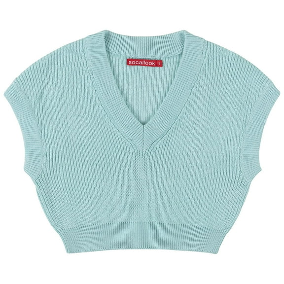 Socal Look Women's Sleeveless V-Neck Sweater Top in Stretchable Viscose Blend Aqua Sky, S