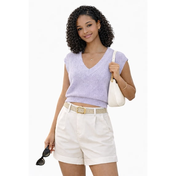 Socal Look Women's Sleeveless V-Neck Sweater Top in Stretchable Viscose Blend Lavender Fog, S