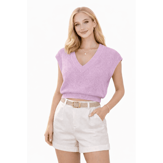 Socal Look Women's Sleeveless V-Neck Sweater Top in Stretchable Viscose Blend Lavender, S